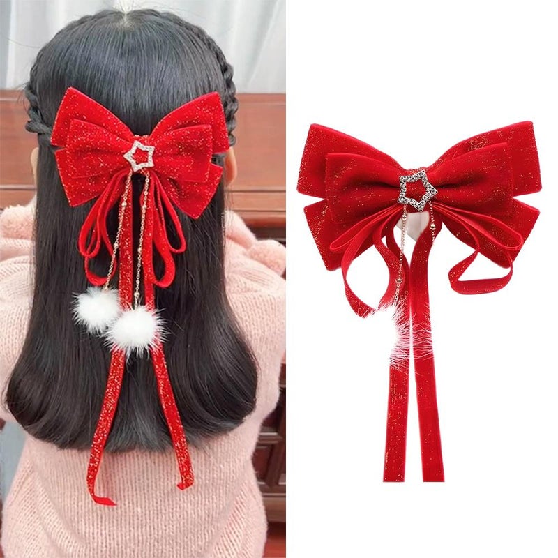 Christmas Hair Bow Clip Red Velvet Bowknot, Red Glitter Hair Bows with Plush Ball, Design Stylish Hairs Bows Girls Women, For Christmas,Valentine's Day New Year Hairs Decorations - Image 1